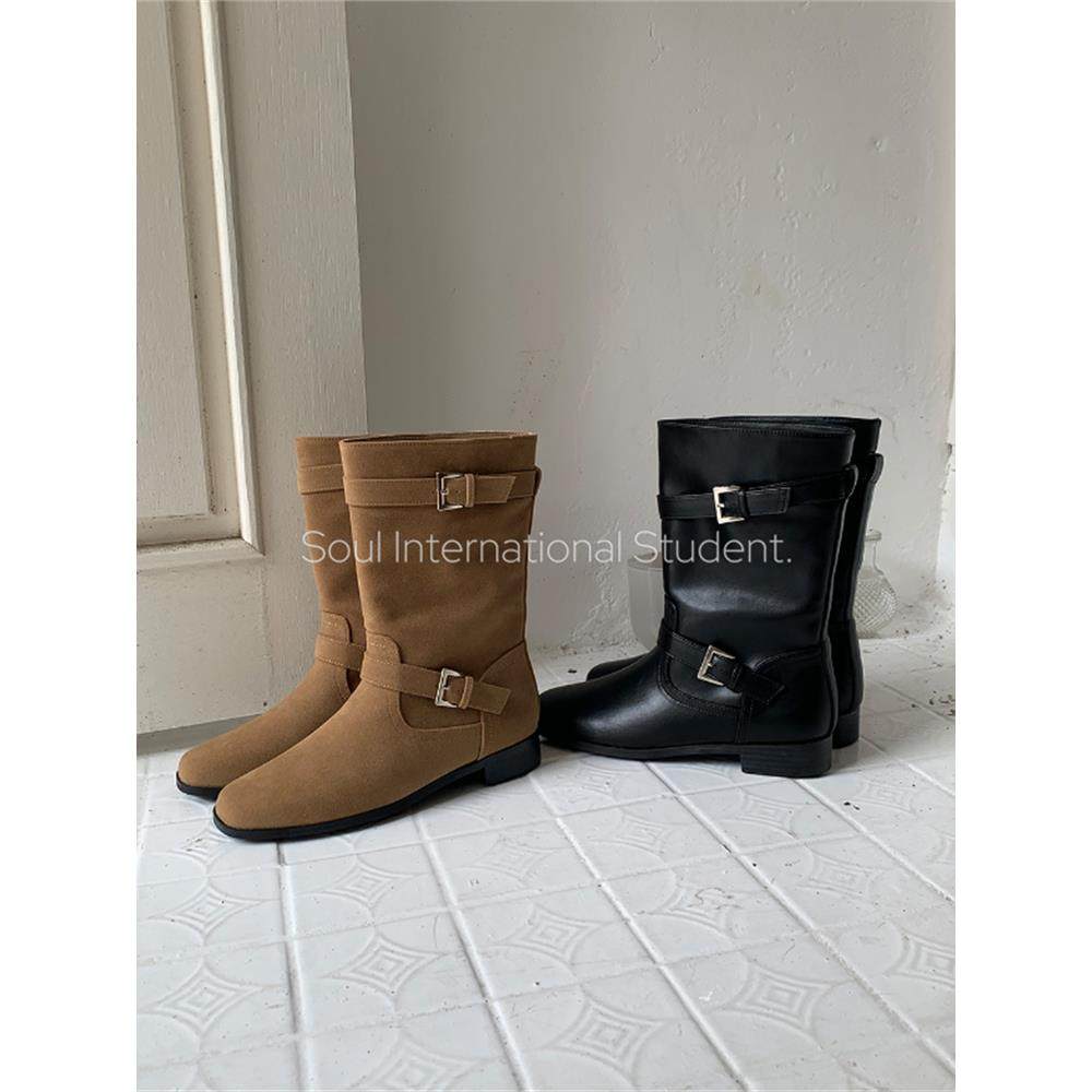 韩国皮带扣骑士靴女灰姑娘气质方头低跟中筒靴显瘦机车靴,女鞋,骑士靴,淘宝优惠券,粉丝福利购,淘宝优惠卷
