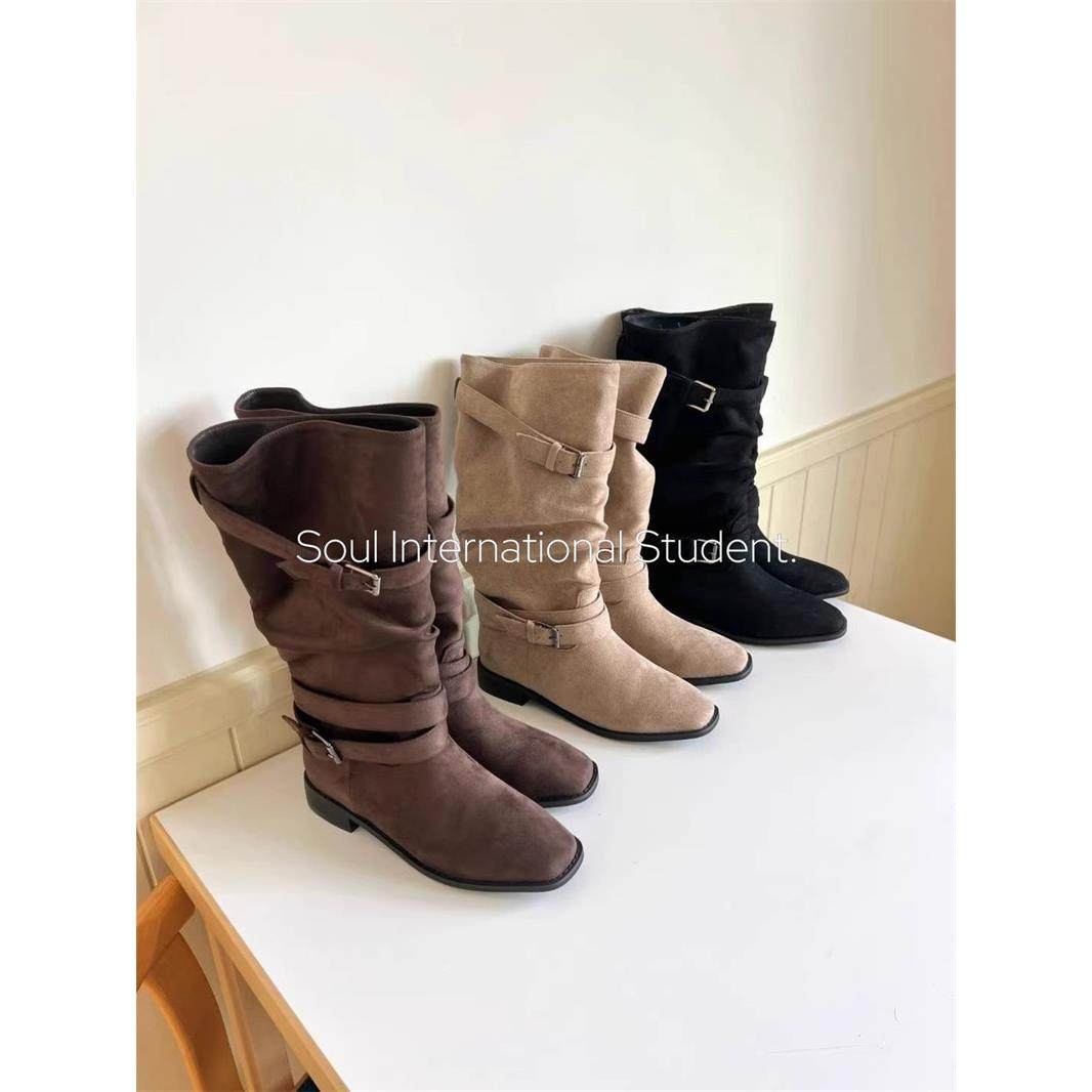 复古风皮带扣西部靴女灰姑娘秋冬绒面低跟方头中筒靴骑士靴,女鞋,骑士靴,淘宝优惠券,粉丝福利购,淘宝优惠卷