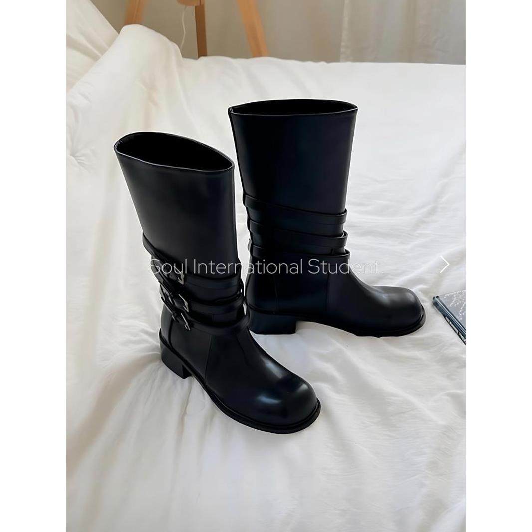 复古英伦风皮带扣骑士靴女灰姑娘黑色圆头粗跟百搭小众中筒靴,女鞋,骑士靴,淘宝优惠券,粉丝福利购,淘宝优惠卷