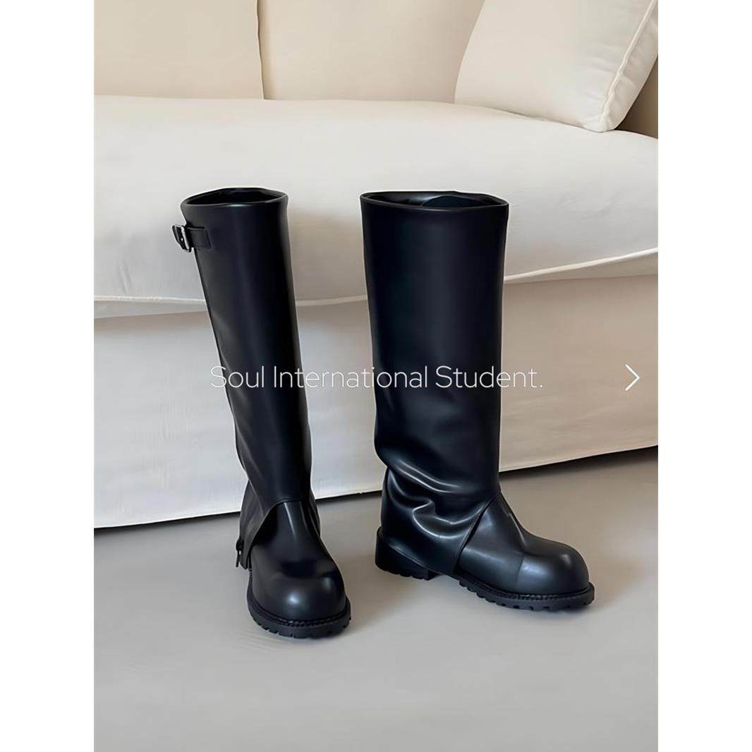 韩国皮带扣高筒骑士靴女灰姑娘秋黑色设计感圆头方跟时尚长靴,女鞋,骑士靴,淘宝优惠券,粉丝福利购,淘宝优惠卷