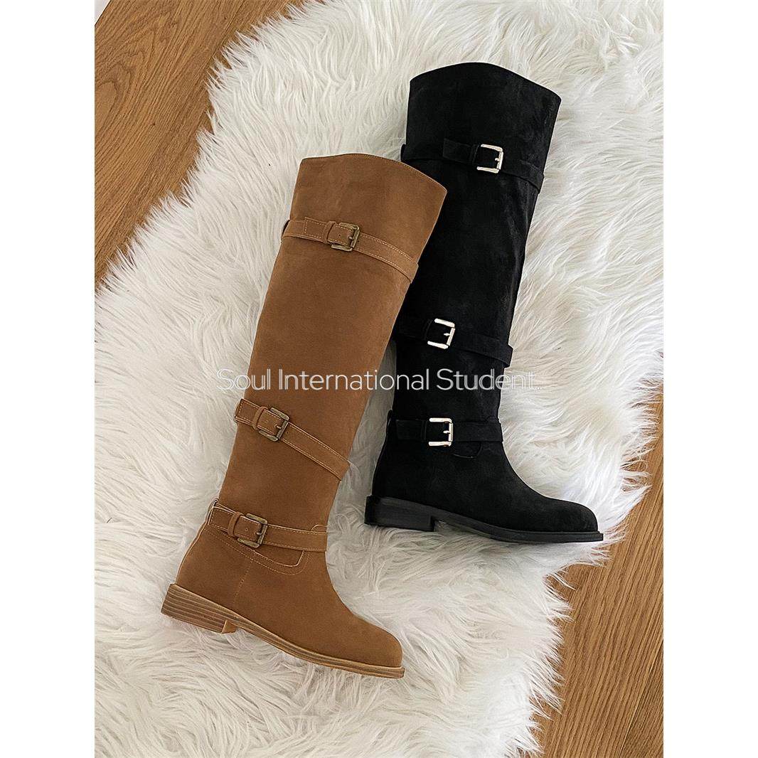 金属搭扣磨砂皮骑士靴女灰姑娘秋冬方跟绒面及膝韩国长筒靴,女鞋,骑士靴,淘宝优惠券,粉丝福利购,淘宝优惠卷