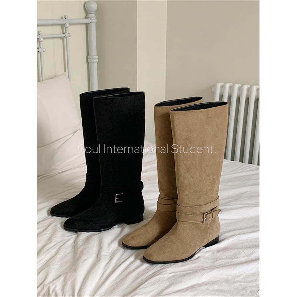 复古皮带扣绒面高筒骑士靴女灰姑娘秋冬低跟套筒宽松显瘦女靴,女鞋,骑士靴,淘宝优惠券,粉丝福利购,淘宝优惠卷