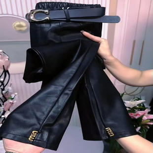 新款欧货秋冬水洗pu烟管皮裤遮肉高腰宽松阔腿九分筒裤女款