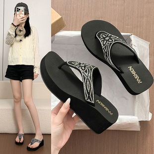 水钻夹脚拖鞋 时尚 7CM高跟人字拖女夏外穿厚底防滑沙滩鞋 仙女风