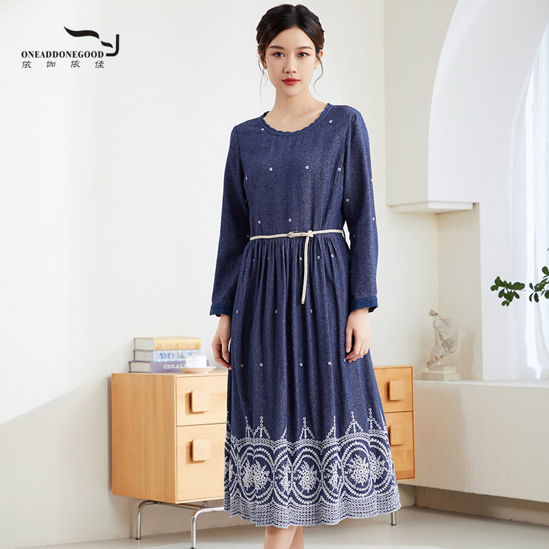 依伽依佳2023秋季新款文艺碎花气质修身中长款连衣裙女ESQL019