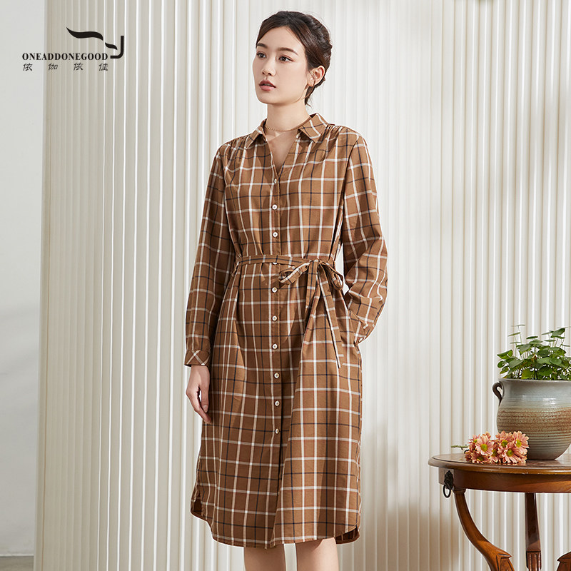 依伽依佳2024春季新款文艺复古气质百搭格纹长袖连衣裙女ENCL008