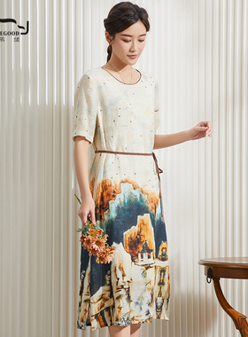 依伽依佳2024夏新款修身优雅文艺印花收腰中长裙连衣裙女ENXL044