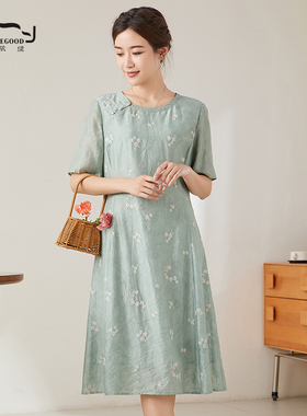 依伽依佳2024夏新款修身优雅文艺气质绣花中长裙连衣裙女ENXL009