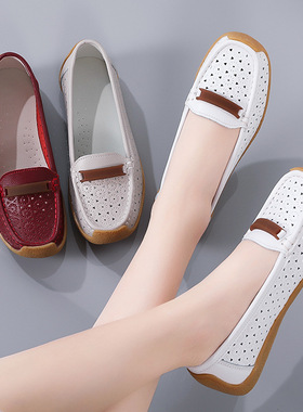 2023秋冬新款镂空女单鞋软底豆豆鞋白色护士平底鞋休闲妈妈鞋韩版