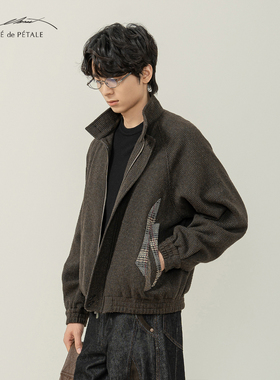 半片花瓣 羊毛哈灵顿格纹拼接Bomber夹克 老钱新贵立领短款外套