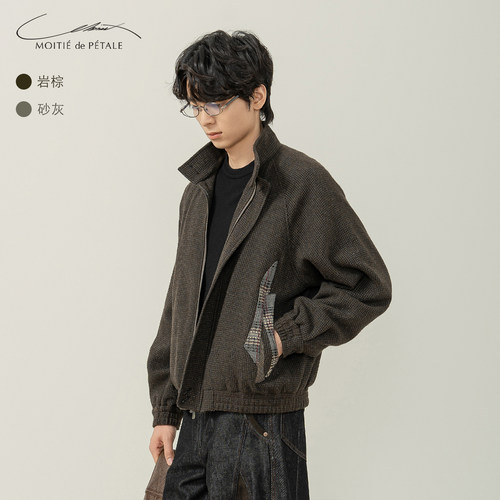 半片花瓣羊毛哈灵顿格纹拼接夹克