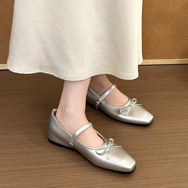 法式银色单女2026蝴蝶结冬新款方头浅口蝴蝶玛丽珍鞋平底芭蕾舞鞋,女鞋,浅口单鞋,淘宝优惠券,粉丝福利购,淘宝优惠卷