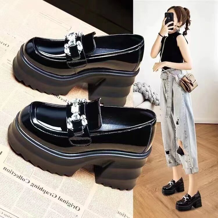 筱婉小皮鞋水钻粗跟高跟单鞋