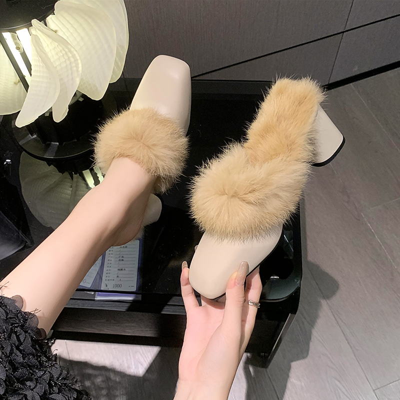 筱婉毛毛鞋粗跟高跟毛毛拖鞋