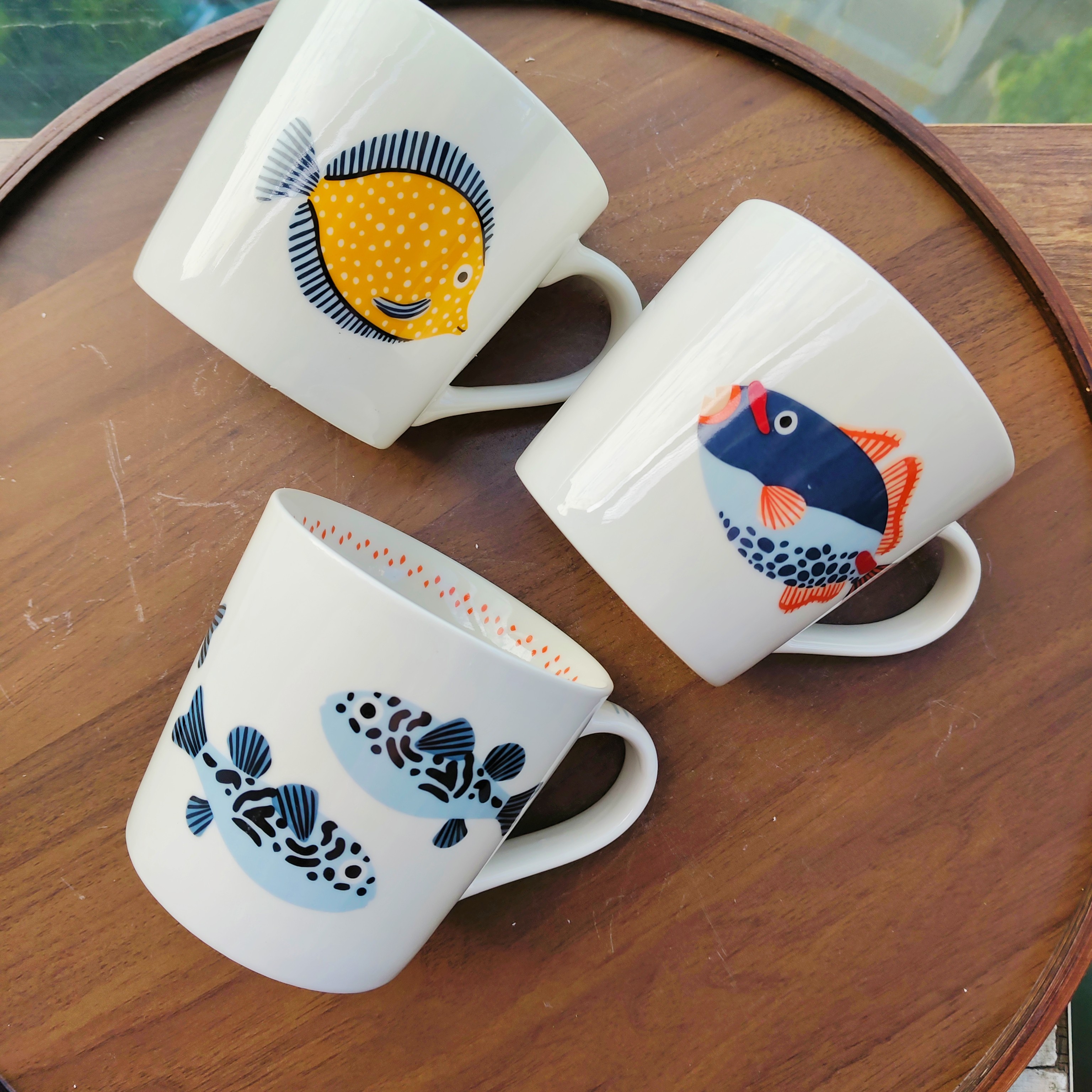 外贸孤品450ml大容量水杯可爱海洋小鱼杯子高温釉下彩陶瓷马克杯