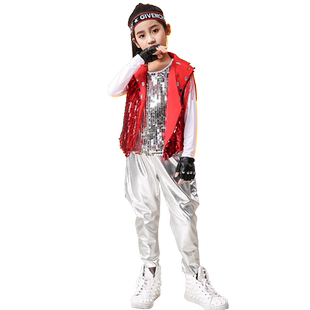 新儿童亮片爵士舞演出服女孩走秀架子鼓表演服翻领马甲长袖套装男