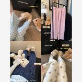 女夏季 垂坠感拖地长裤 睡裤 子宽松遛弯裤 高腰直筒裤 格子休闲阔腿裤