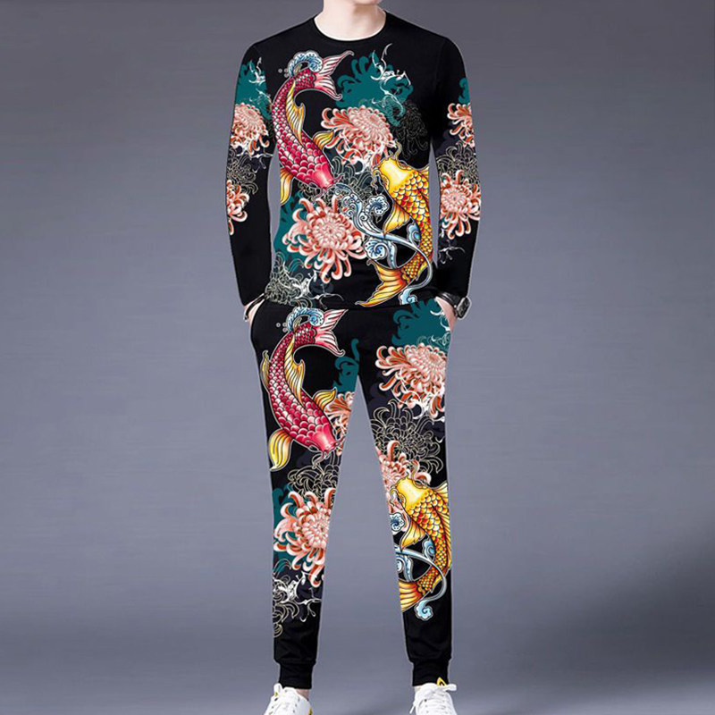 外穿薄款长袖T恤长裤套装鱼图案无感印花休闲春夏秋范网红男潮流,男装,休闲运动套装,淘宝优惠券,粉丝福利购,淘宝优惠卷
