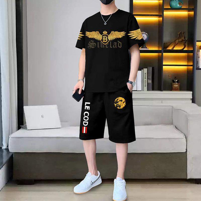 男士新款冰丝短袖套装夏装休闲运动衣服一套搭配帅气时尚两件套潮