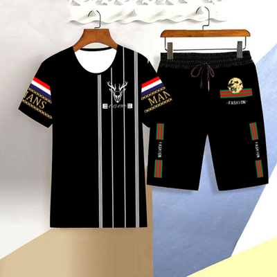 新款冰丝男装短袖T恤短裤套装休闲时尚国潮运动宽松大码中国风龙