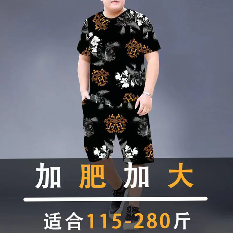 肥佬新款2025胖子短袖套装加肥加大码T恤男装短裤休闲夏季薄款