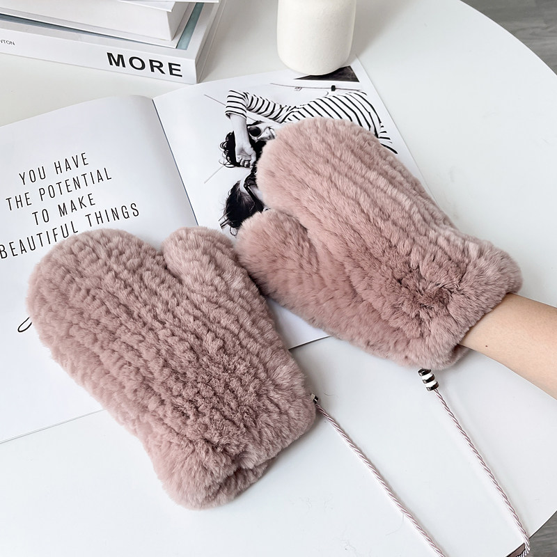 獭兔毛连指挂脖手套皮草加厚手套冬季户外保暖真毛女可爱韩版时尚