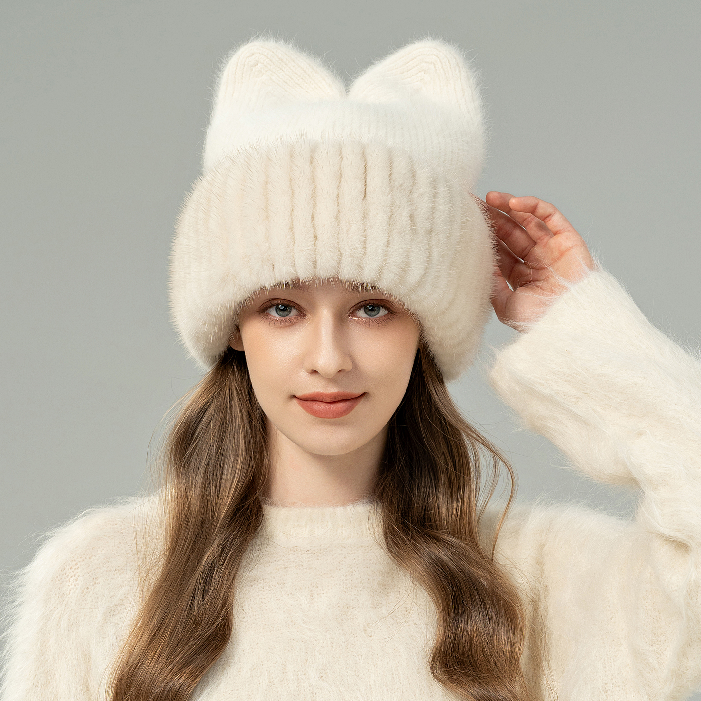 韩版水貂毛配毛线针织小熊帽