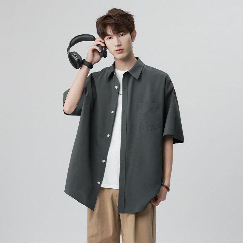 2025夏季新款男士短袖衬衫立领宽松t恤外套纯色简约百搭时尚上衣