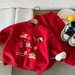 男童加绒套装2025冬季新款男女童红色喜庆运动两件套湖州织里童装