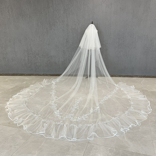 主婚纱双层长款花边大头纱