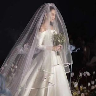女 头纱新娘主婚纱双层包边长款 拖尾拍照道具复古超仙森系公主法式