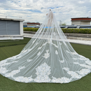 头纱新款主婚纱新娘结婚韩式超仙超长拖尾珍珠蕾丝花边对花单层女