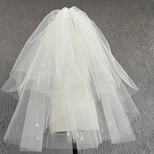 新娘结婚主婚纱头纱双层网红拍照道具短款蓬蓬闪闪珍珠头纱头饰女