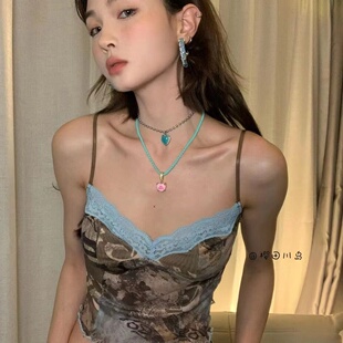 型露背吊带背心印花千禧微透内搭上衣 iamgia欧美辣妹性感美修身