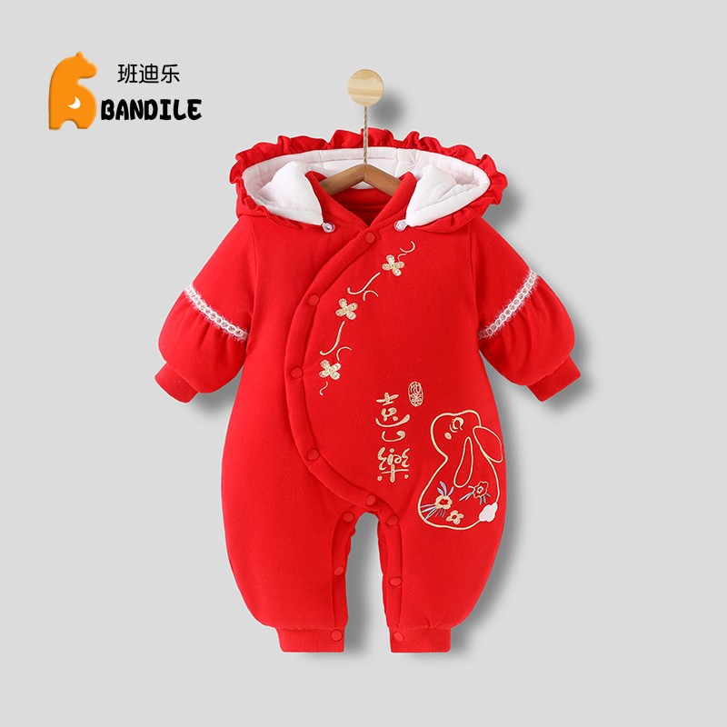 新生儿加厚连体衣冬季外出哈衣满月宝宝大红色拜年服初生婴儿棉袄