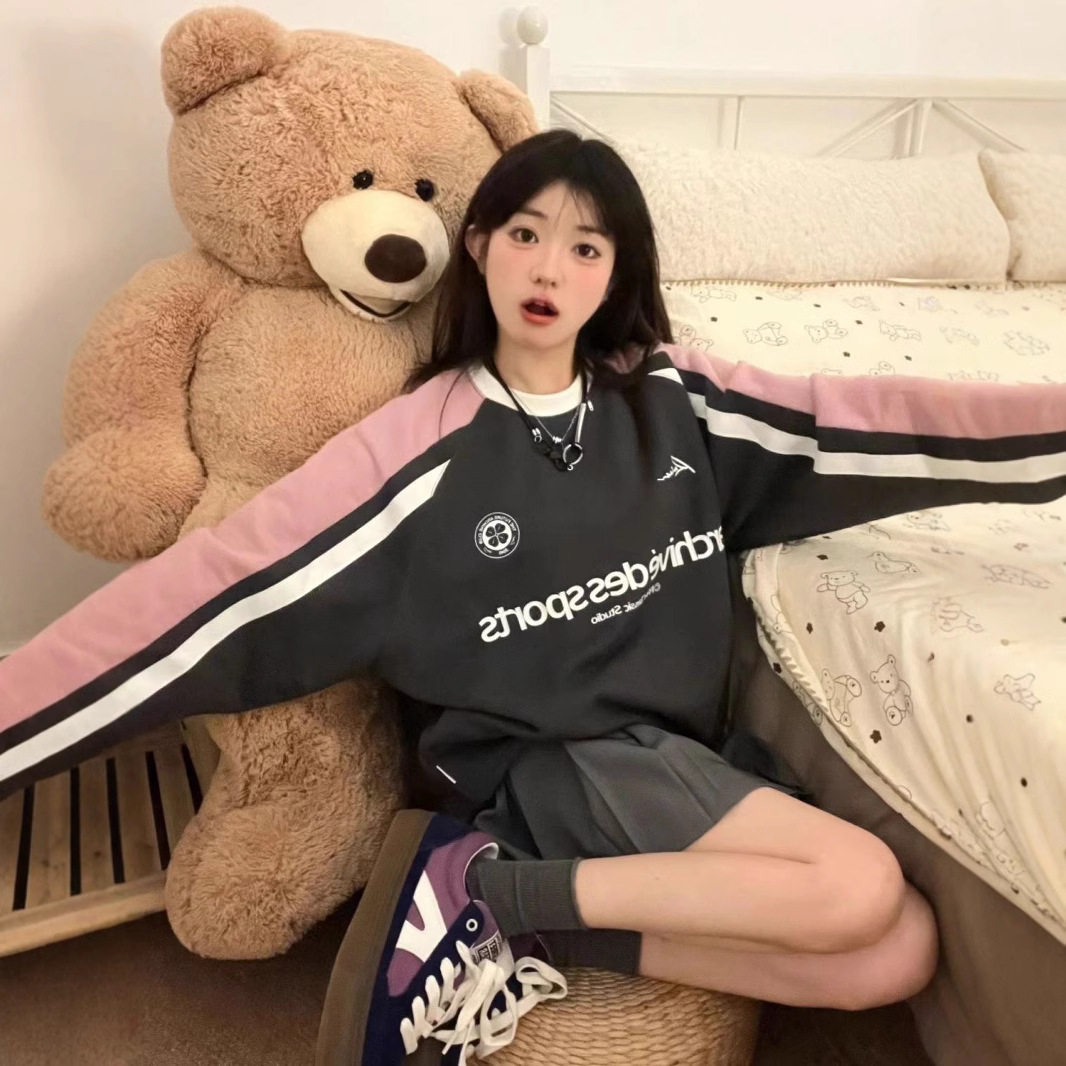 早秋美式街头撞色拼接圆领卫衣女2023春秋薄款宽松原宿风潮牌