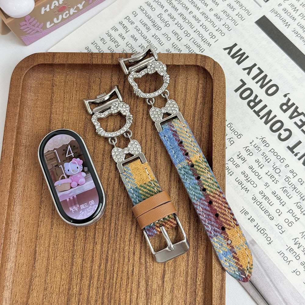 适用小米手环10表带小米8/9nfc版闪钻彩虹kT猫时尚帆布腕带手表带