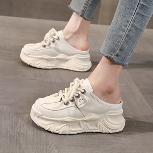 小个子8cm真皮包头懒人半拖鞋女外穿2025新款夏厚底内增高小白鞋