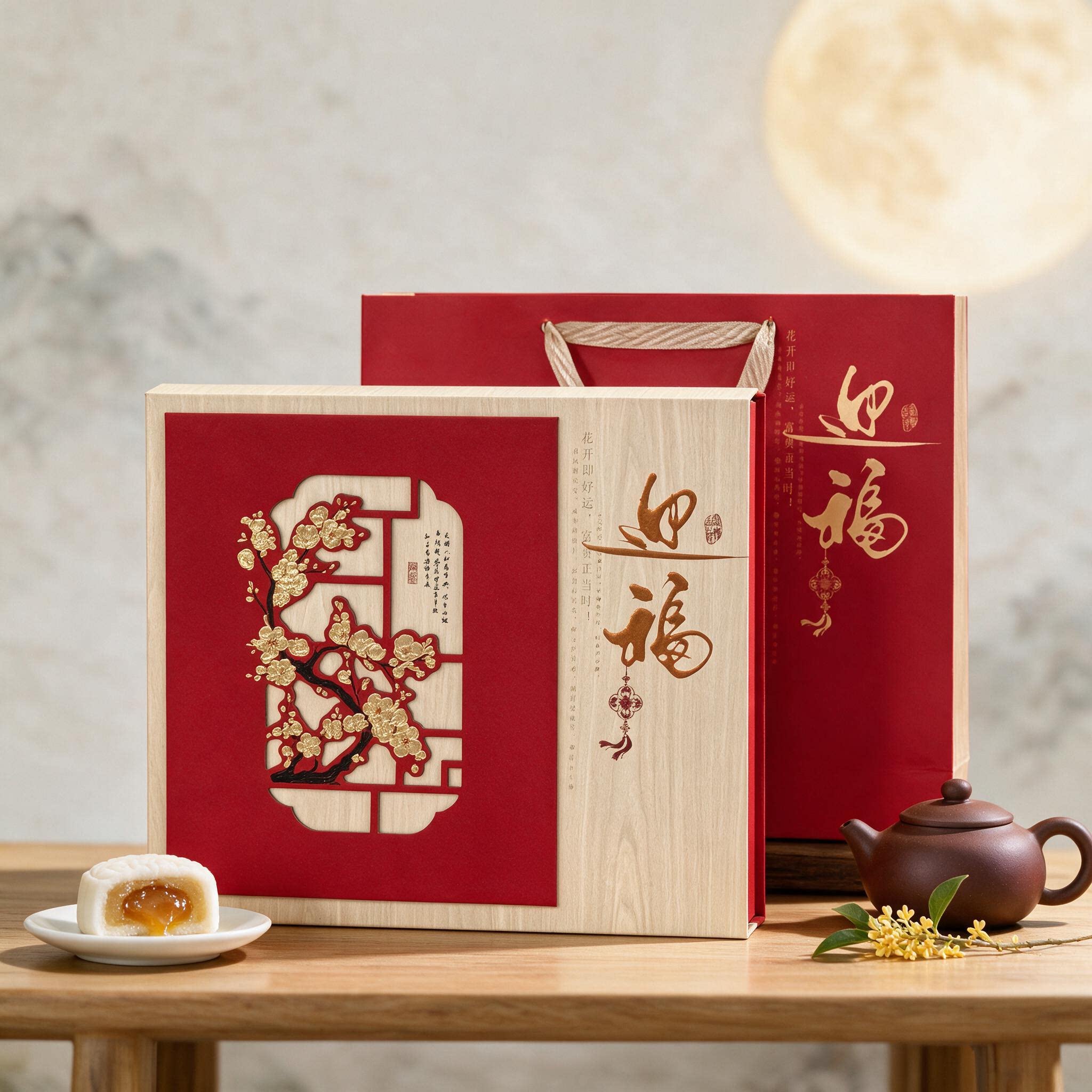 新中式仿木纹高端月饼包装盒