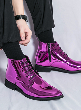 紫色男鞋秋冬季高帮皮鞋休闲漆皮亮面尖头马丁靴ins潮百搭47大码