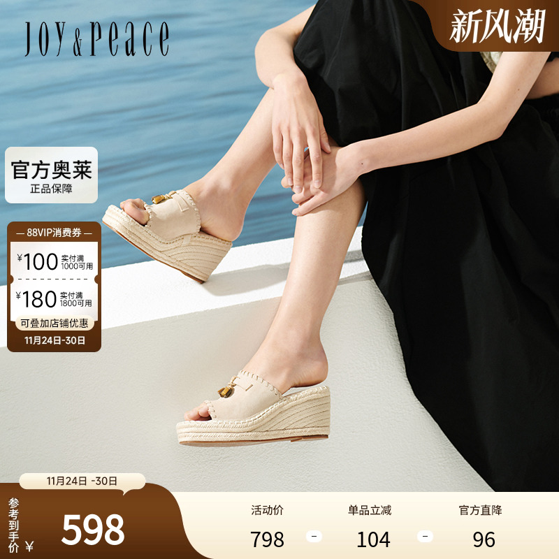 真美诗2025年夏季新款复古时髦羊皮革坡跟一字拖凉鞋女25051BT5