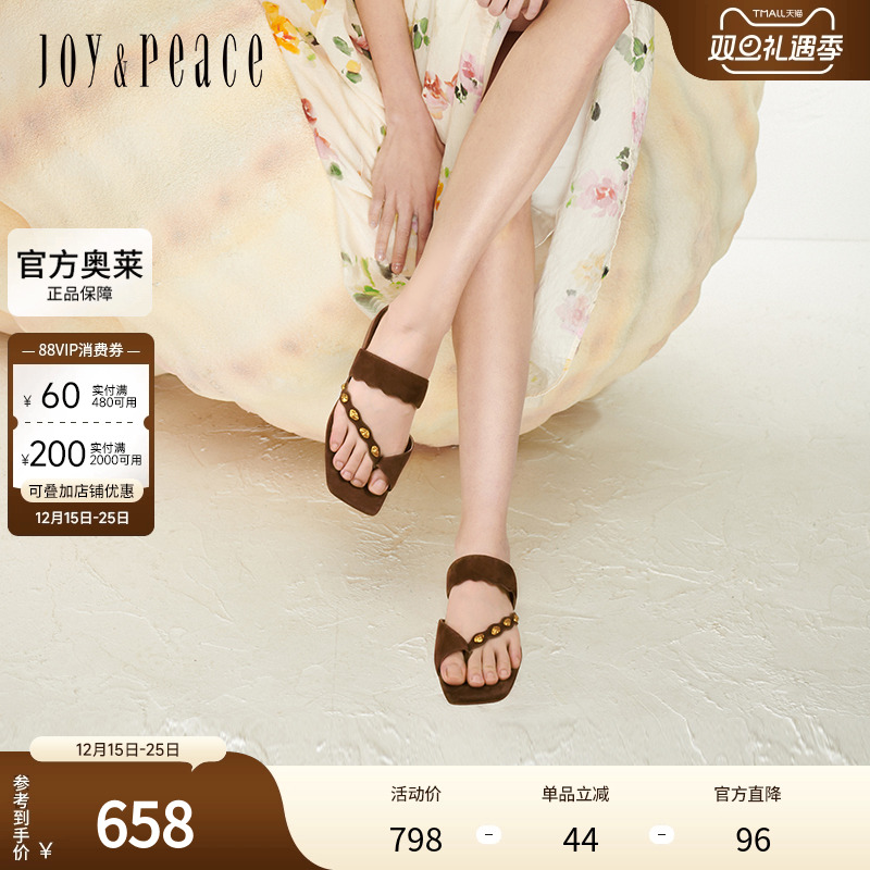 真美诗金沙岛屿2025夏新款舒适老钱风金属饰扣夹趾拖鞋女Y1F03BT5