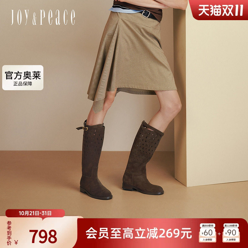 真美诗律动沙丘冬季新款时髦费尔岛风镂空西部靴舒适牛仔长靴女