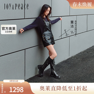 董洁同款 质感牛皮粗跟骑士靴女YQB12DG4 真美诗在逃公主2024冬新款