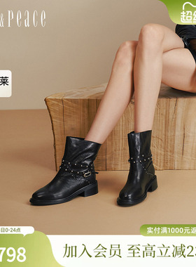 真美诗冬日哈雷2025冬新款个性铆钉细踝带皮靴时装短靴女R1327DZ5