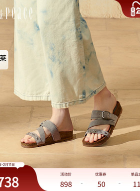 真美诗2025夏季新款官方奥莱金属饰扣牛绒软糯勃肯拖女YVT24BT5