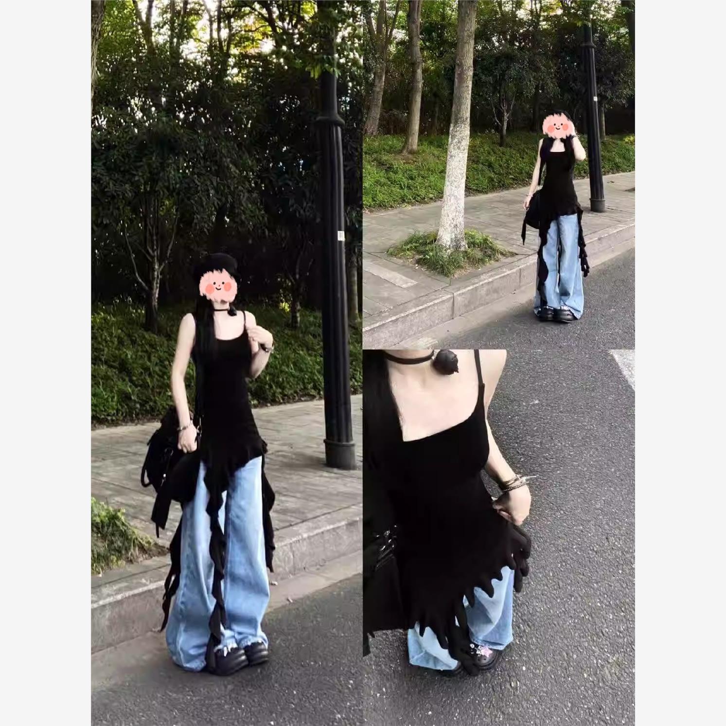 大码胖mm复古港风黑色吊带小背心女夏甜酷风不规则荷叶边休闲上衣