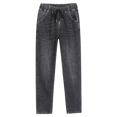 大码牛仔裤女松紧腰高腰哈伦裤