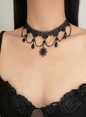 高级感蕾丝流苏黑水晶吊坠项链女