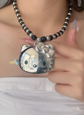 银色金属小猫吊坠黑银串珠项链女